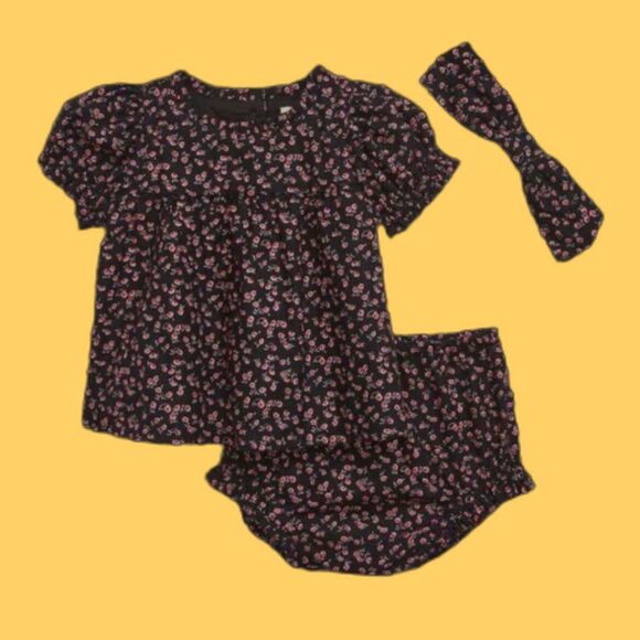NWT Baby Gap Black Floral Three Piece Outfit Set - 18-24Mths - Picture 1 of 5